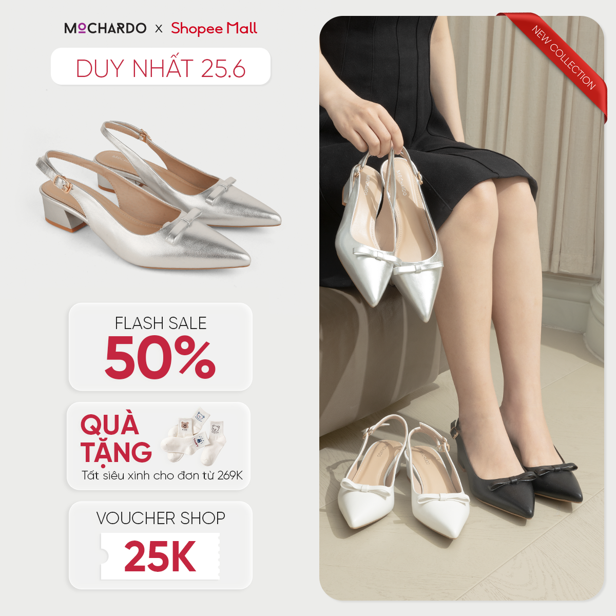 Giày Cao Gót Búp Bê Slingback Nữ MOCHARDO Mũi Nhọn Phối Nơ Đế Vuông 3cm Thời Trang Thanh Lịch MC-812